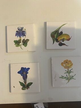 Set of 4 Floral Ceramic Tiles or coasters Blue & Yellow Flowers small porcelain